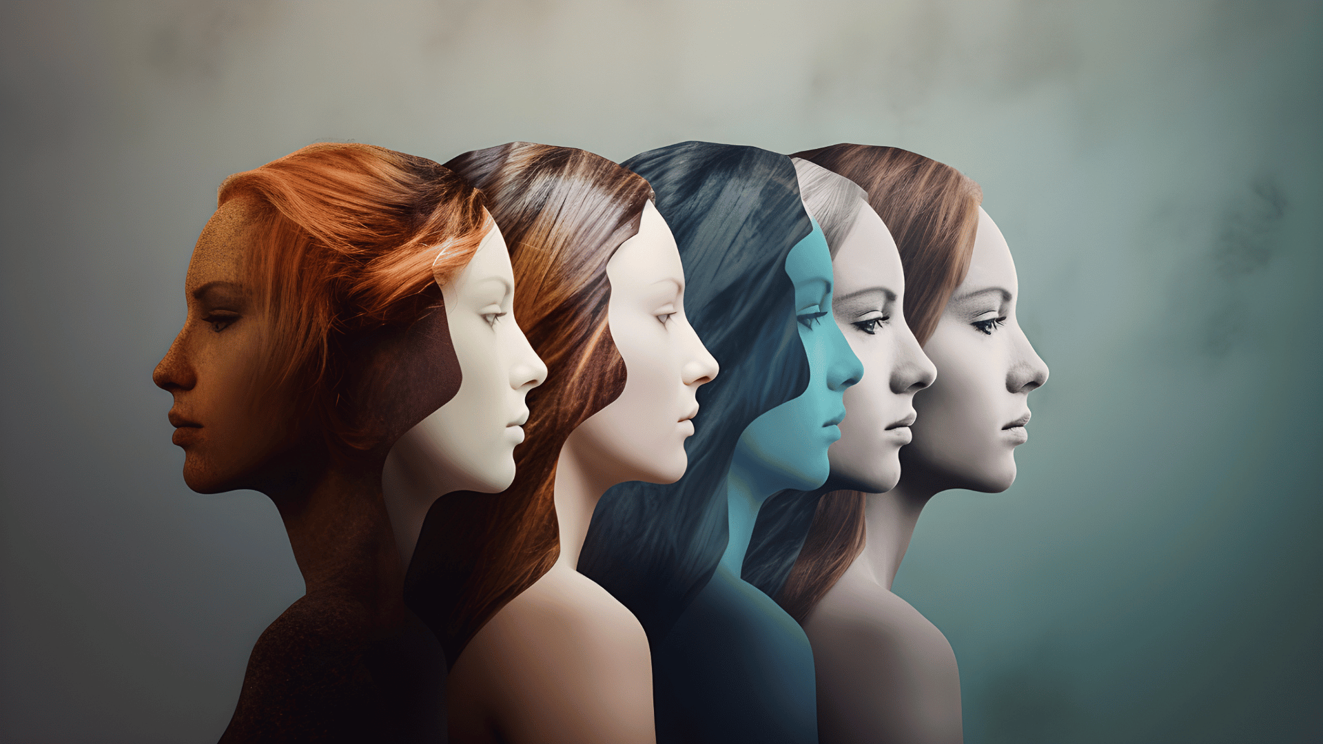 Duplications of a woman's face looking left and right in different colors