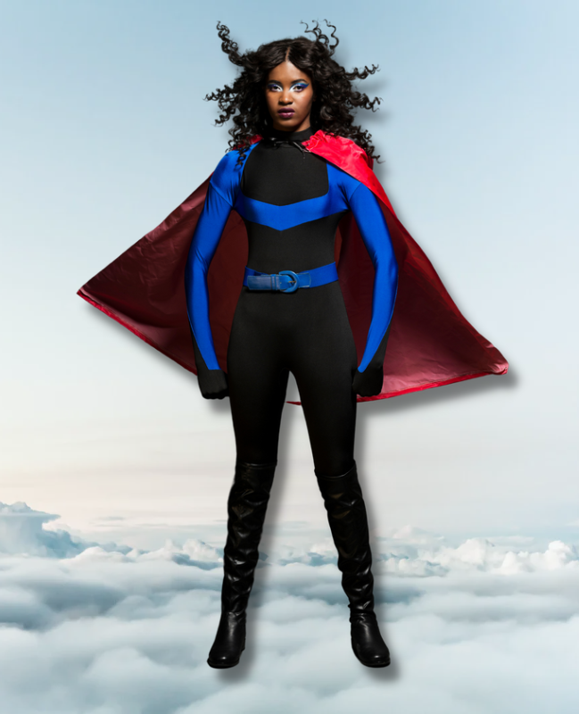 Black woman in a superwoman costume